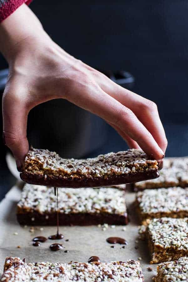 Dark Chocolate Dipped Crunchy Coconut Cashew Sesame Bars | halfbakedharvest.com @hbharvest