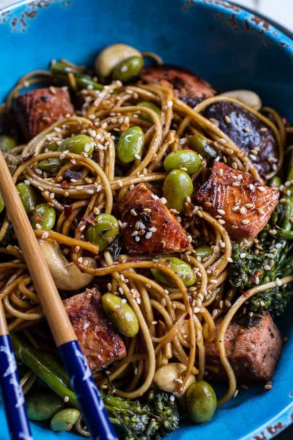 Sake and Ginger Soba Noodle Salmon Stir Fry | @hbharvest