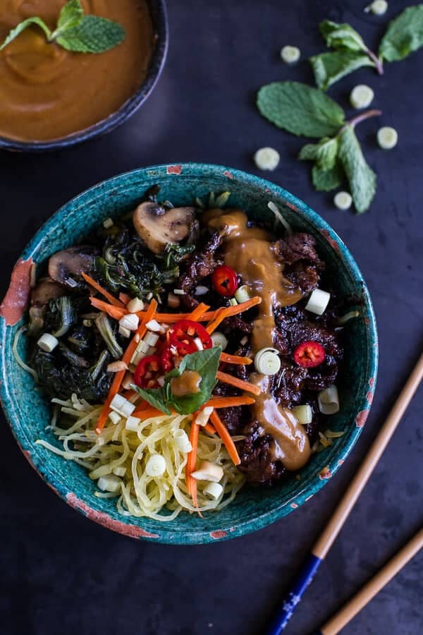 Vietnamese Lemongrass Beef and Spaghetti Squash Noodle Bowls with Peanut Sauce | halfbakedharvest.com @hbharvest