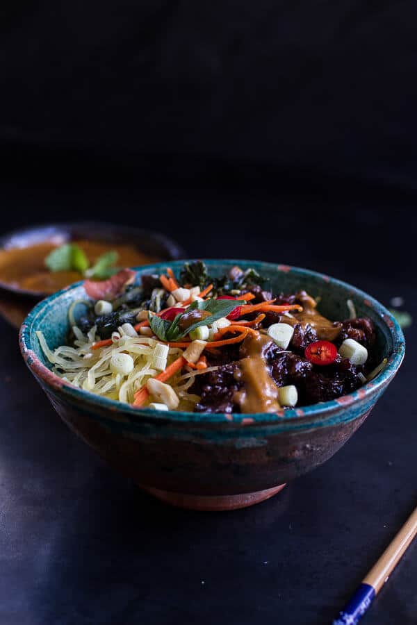 Vietnamese Lemongrass Beef and Spaghetti Squash Noodle Bowls with Peanut Sauce | halfbakedharvest.com @hbharvest