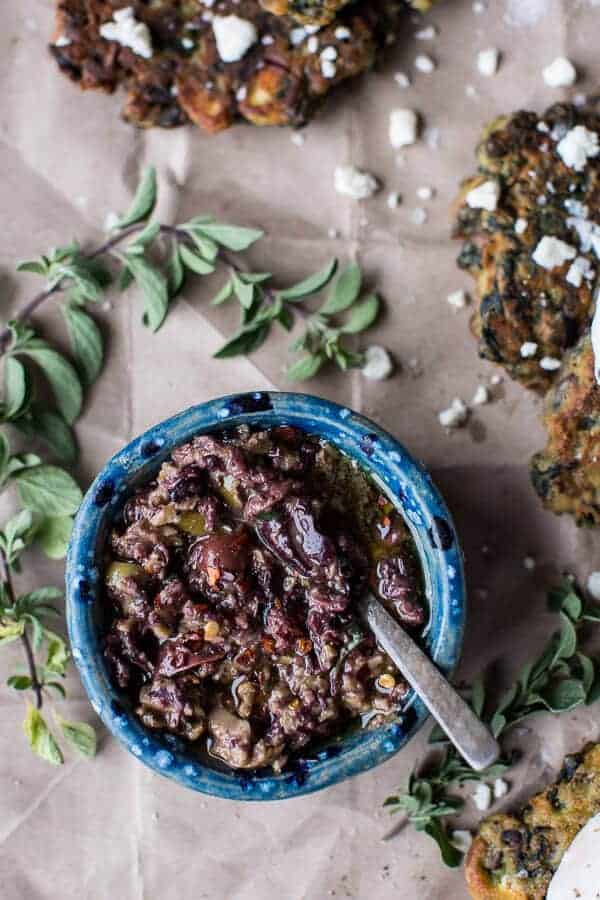 Greek Feta Chickpea Pancake Fritters with Poached Eggs + Olive Tapenade | halfbakedharvest.com @hbharvest