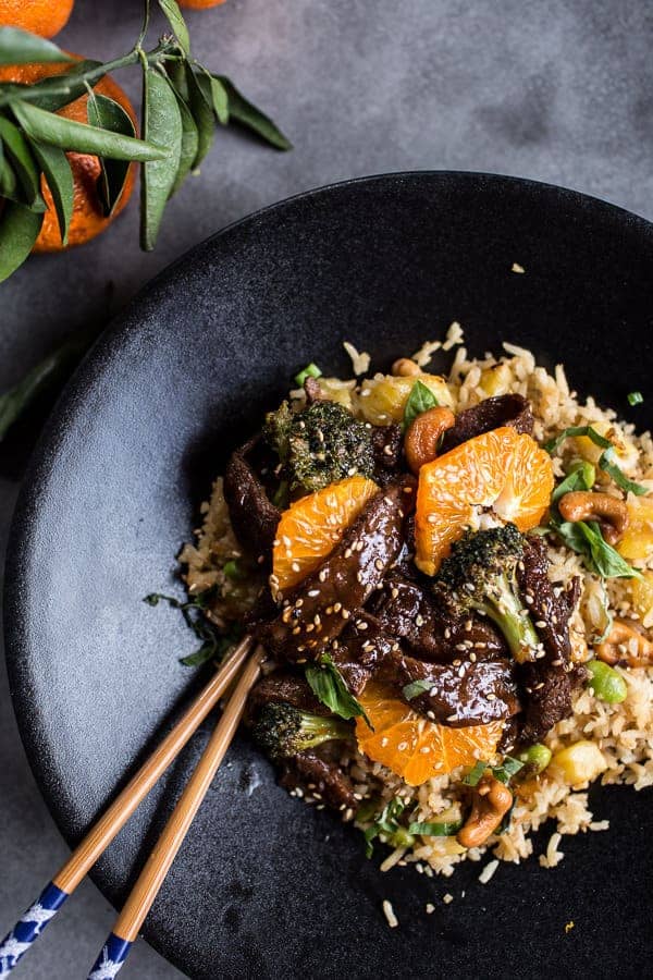Orange Teriyaki Beef with Pineapple Edamame Fried Rice | halfbakedharvest.com @hbharvest