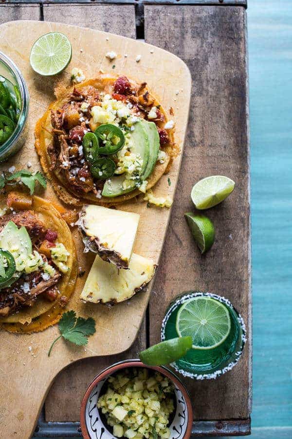 Pineapple Chicken Tinga Quesadilla Tostadas with Tequila Lime Pickled Jalapeño's | halfbakedharvest.com @hbharvest