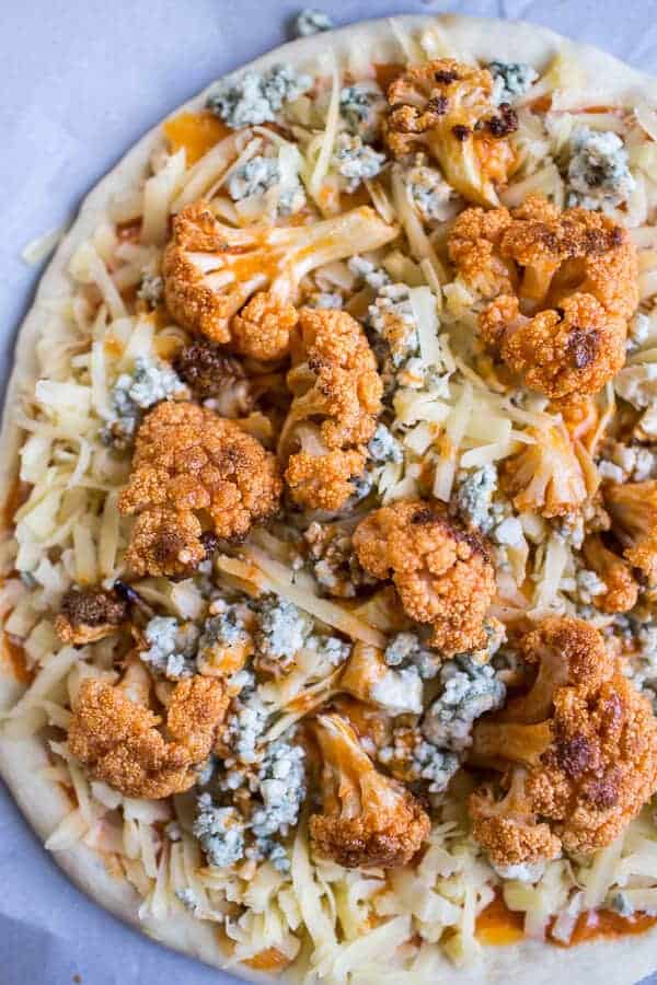 Buffalo Roasted Cauliflower Pizza with Chipotle Blue Cheese Avocado Drizzle | halfbakedharvest.com @hbharvest