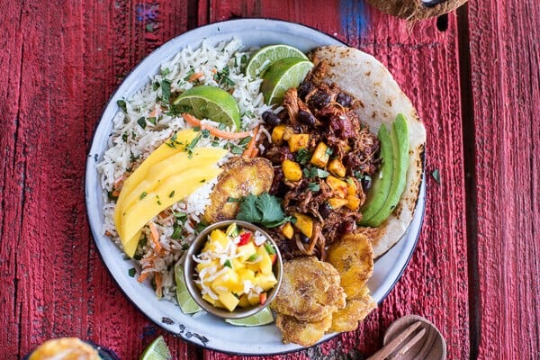 Caribbean Mango Pork and Tropical Rice Plates | halfbakedharvest.com @hbharvest