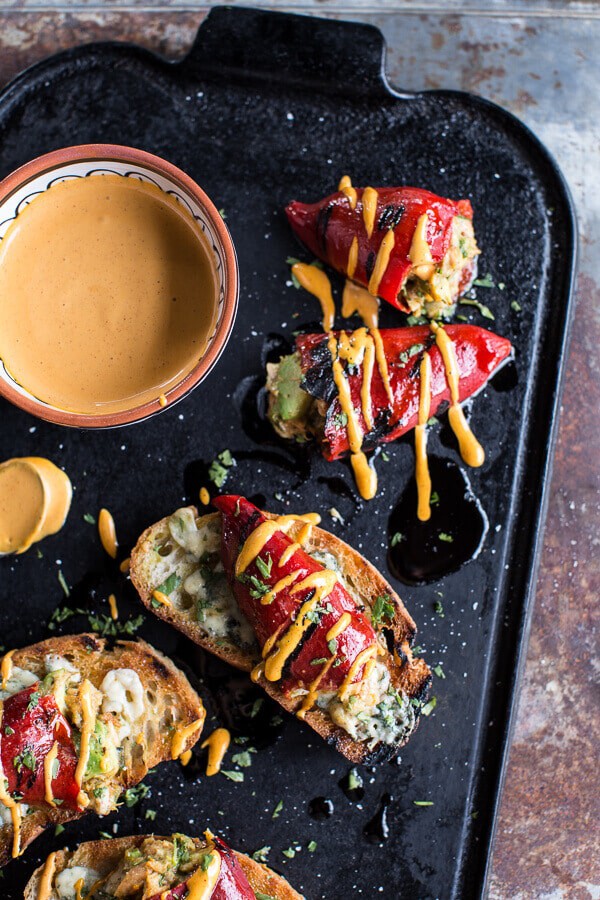 Cheesy Avocado Crab Stuffed Piquillo Pepper Ciabatta Pizzette’s with Sriracha Aioli | halfbakedharvest.com @hbharvest