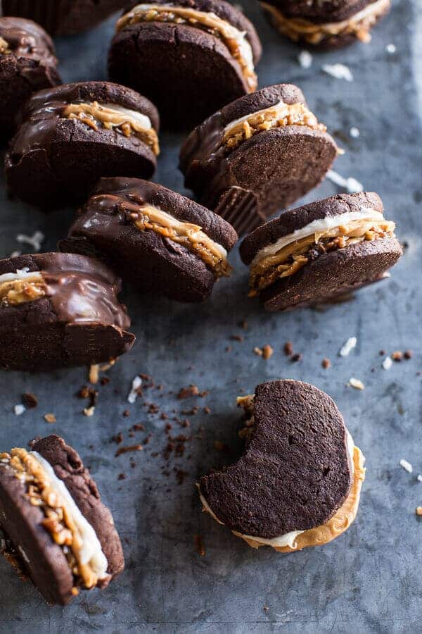 Chocolate Dipped Homemade Peanut Butter Samoa Oreo Cookies | halfbakedharvest.com @hbharvest