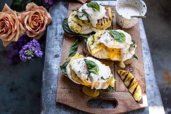 Grilled Pineapple Caprese Eggs Benedict with Coconut-Almond Hollandaise | halfbakedharvest.com @hbharvest