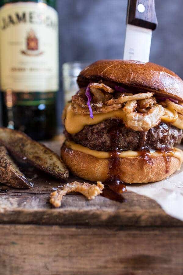 Jameson Whiskey Blue Cheese Burger with Guinness Cheese Sauce + Crispy Onions | halfbakedharvest.com @hbharvest