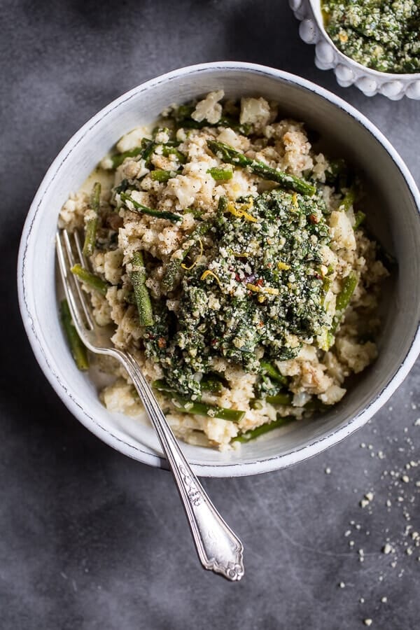 Quick Cauliflower “Risotto” with Asparagus + Cilantro-Basil Hemp Seed Pesto | halfbakedharvest.com @hbharvest