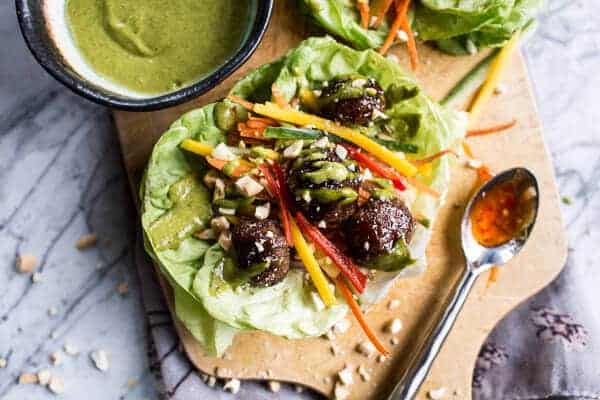 Vietnamese Meatball Lettuce Wraps with Mango Salad + Cilantro-Basil Cashew Sauce | halfbakedharvest.com @hbharvest