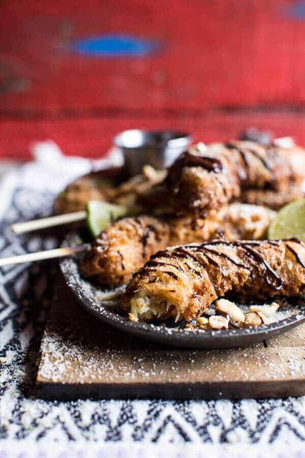 Banana Fritters On a Stick with Peanut Sugar + Mexican Chocolate Sauce | halfbakedharvest.com @hbharvest