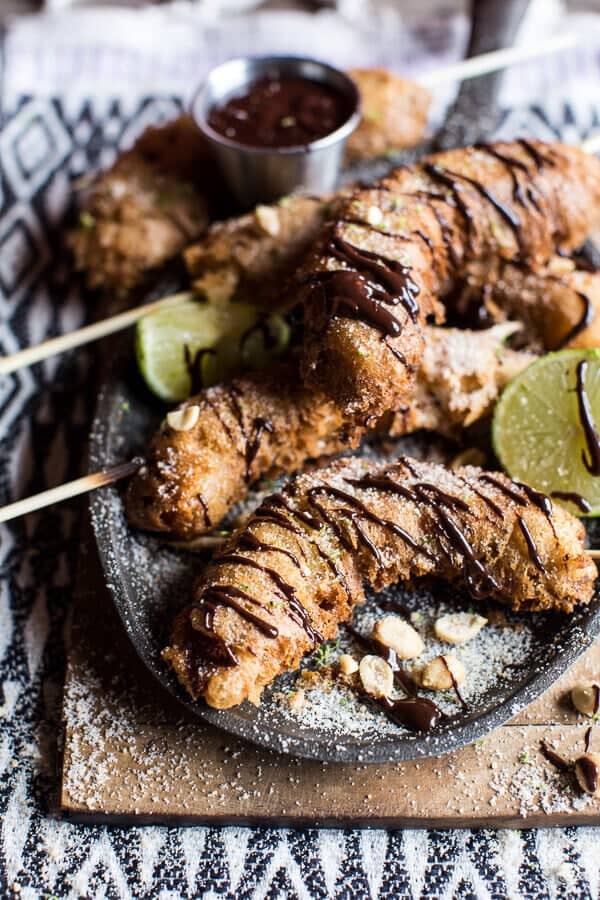 Banana Fritters On a Stick with Peanut Sugar + Mexican Chocolate Sauce | halfbakedharvest.com @hbharvest