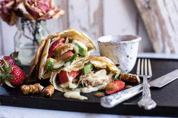 Honey Mustard Pretzel Crusted Chicken and Brie Crepes with Strawberry Basil Salsa | halfbakedharvest.com @hbharvest