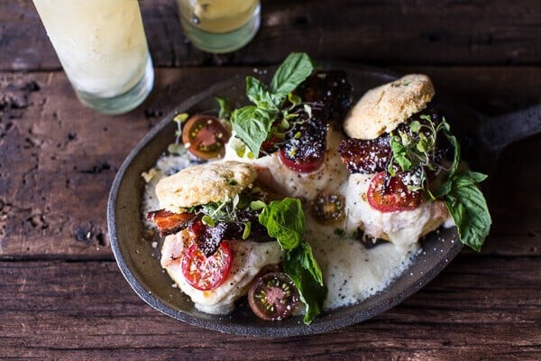 Kentucky Hot Brown Sandwiches on Jalapeno Cornbread Biscuits with Honey Bourbon Bacon | halfbakedharvest.com @hbharvest