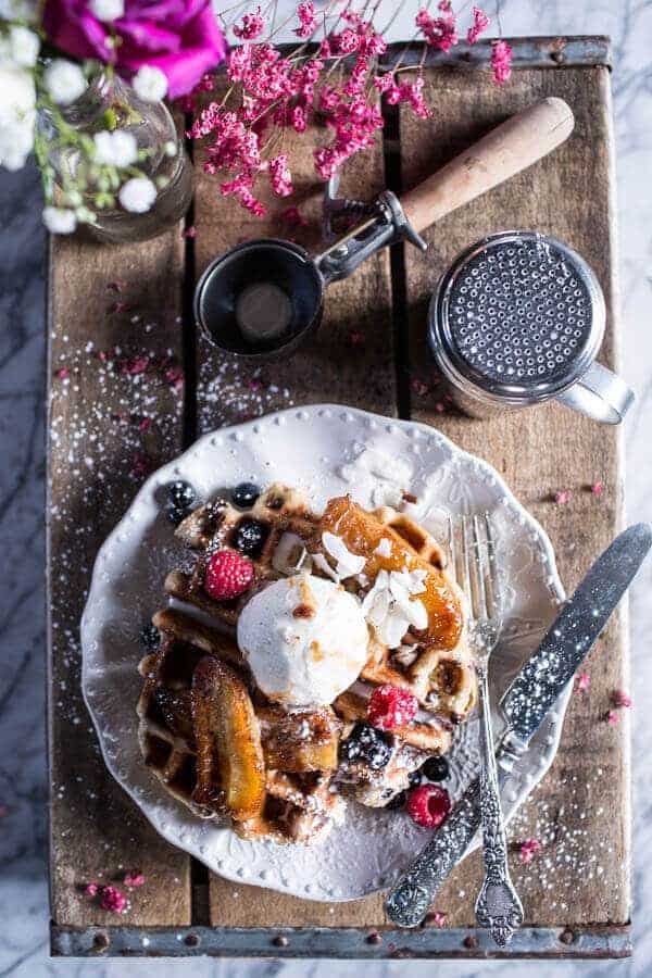 Whole Wheat Belgium Chocolate Chip Waffles with Coconut Caramelized Bananas | halfbakedharvest.com @hbharvest