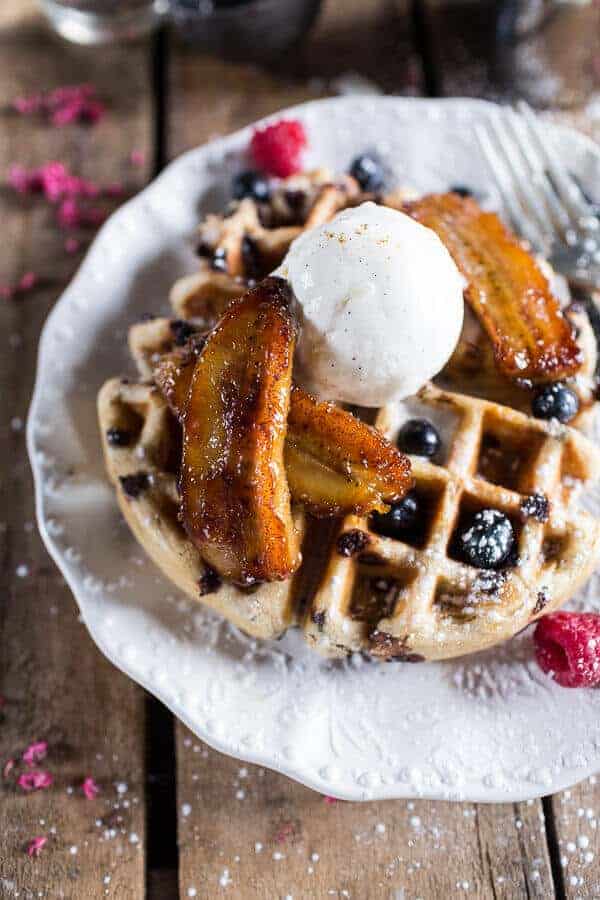 Whole Wheat Belgium Chocolate Chip Waffles with Coconut Caramelized Bananas | halfbakedharvest.com @hbharvest