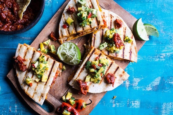 Fiesta Chicken Quesadillas with Chipotle Relish and Mango Salsa | halfbakedharvest.com @hbharvest
