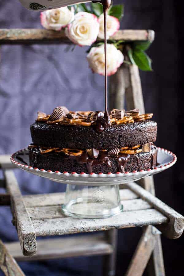 Fudgy One-Bowl Chocolate Peanut Butter Cup Pretzel Cake | halfbakedharvest.com @hbharvest