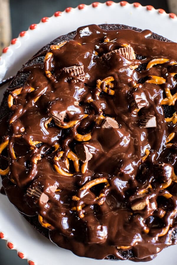 Fudgy One-Bowl Chocolate Peanut Butter Cup Pretzel Cake | halfbakedharvest.com @hbharvest
