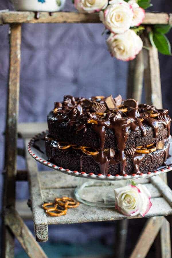 Fudgy One-Bowl Chocolate Peanut Butter Cup Pretzel Cake | halfbakedharvest.com @hbharvest