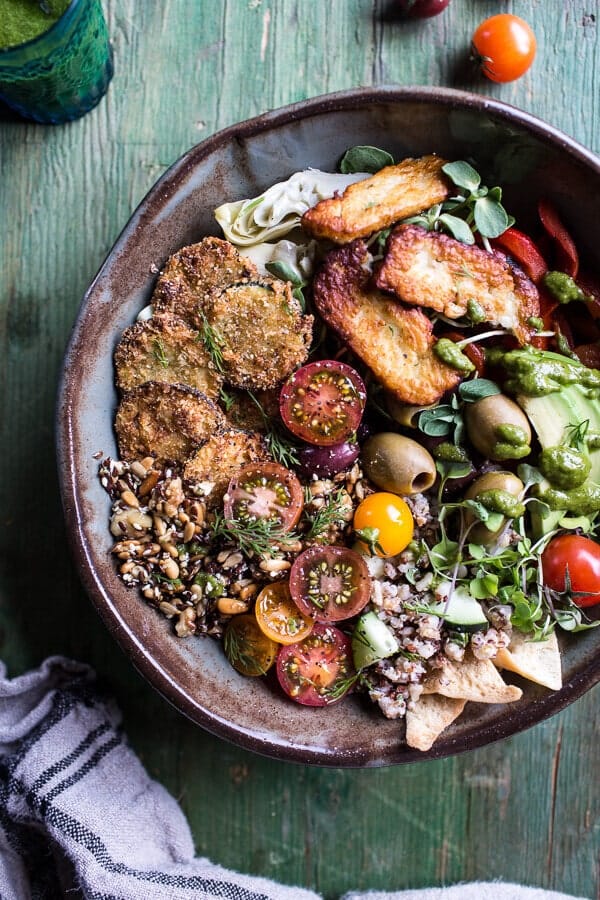 Greek Goddess Grain Bowl with “Fried” Zucchini, Toasted Seeds and Fried Halloumi | halfbakedharvest.com @hbharvest