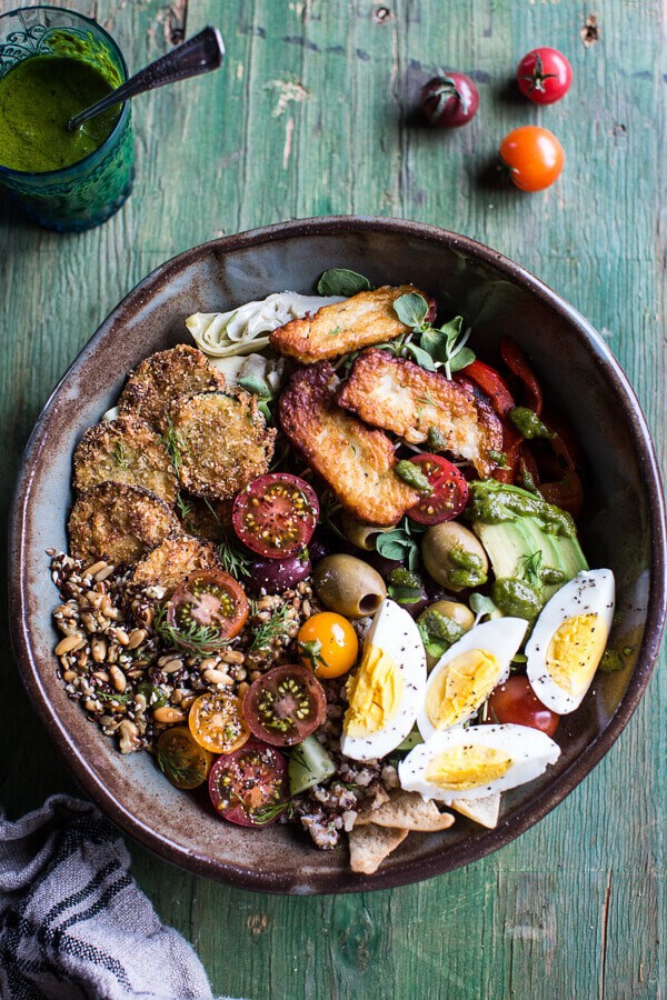 Greek Goddess Grain Bowl with “Fried” Zucchini, Toasted Seeds and Fried Halloumi | halfbakedharvest.com @hbharvest