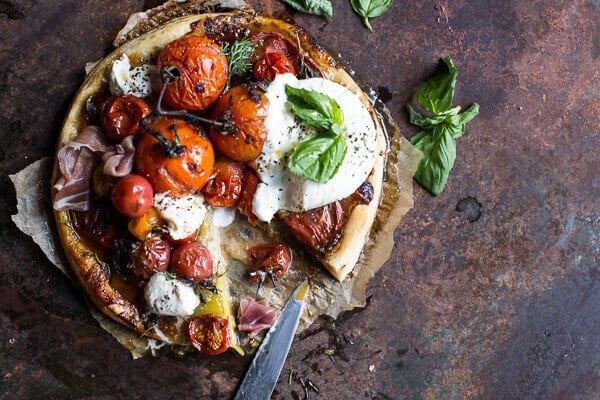 Quick Balsamic Fig Roasted Tomato and Burrata Cheese Tarts | halfbakedharvest.com @hbharvest