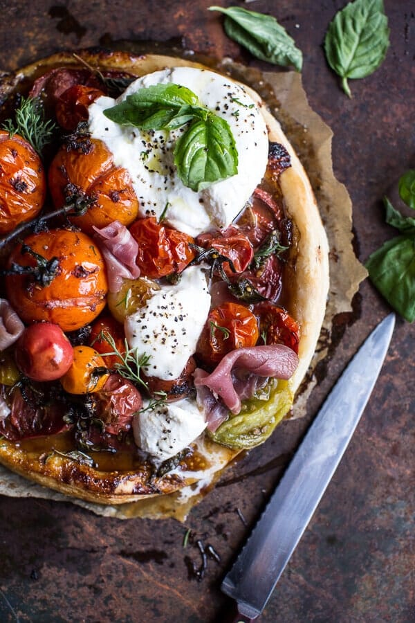 Quick Balsamic Fig Roasted Tomato and Burrata Cheese Tarts | halfbakedharvest.com @hbharvest