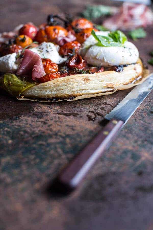 Quick Balsamic Fig Roasted Tomato and Burrata Cheese Tarts | halfbakedharvest.com @hbharvest