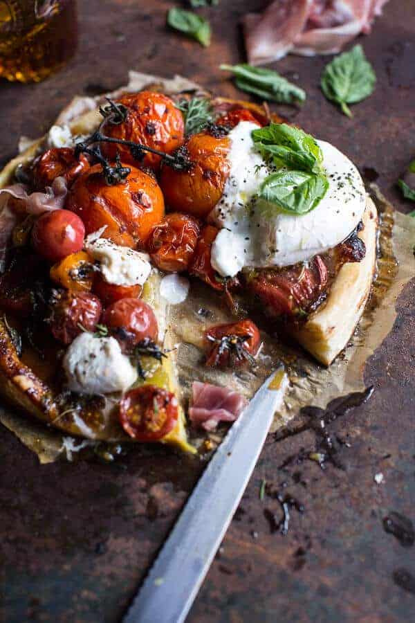 Quick Balsamic Fig Roasted Tomato and Burrata Cheese Tarts | halfbakedharvest.com @hbharvest