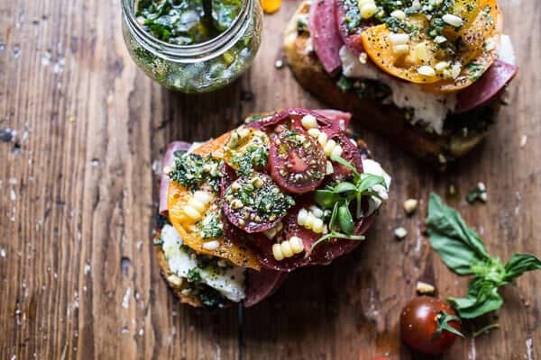 Tomato, Salami and Chunky Arugula-Basil Pesto Bruschetta | halfbakedharvest.com @hbharvest