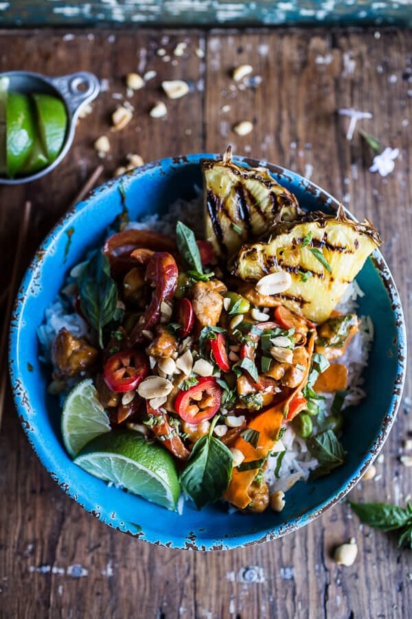 30 Minute Sweet Thai Chili Peanut Chicken and Grilled Pineapple Stir Fry | halfbakedharvest.com @hbharvest