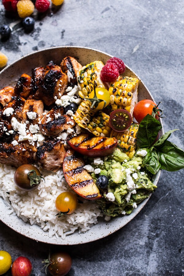 BBQ Chicken and Grilled Corn Rice Bowls with Berry Smashed Avocado | halfbakedharvest.com @hbharvest