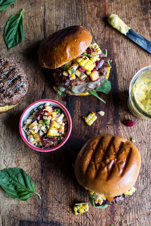 Brie Stuffed Burgers with Sweet Chili Corn Salsa | halfbakedharvest.com @hbharvest