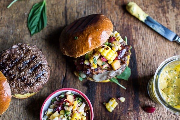 Brie Stuffed Burgers with Sweet Chili Corn Salsa | halfbakedharvest.com @hbharvest