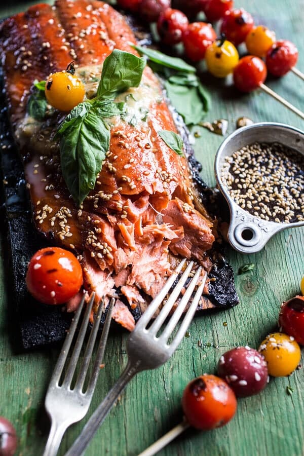 Cedar Plank Grilled Sesame Salmon with Kimchi Miso Butter and Grilled Tomatoes | halfbakedharvest.com @hbharvest