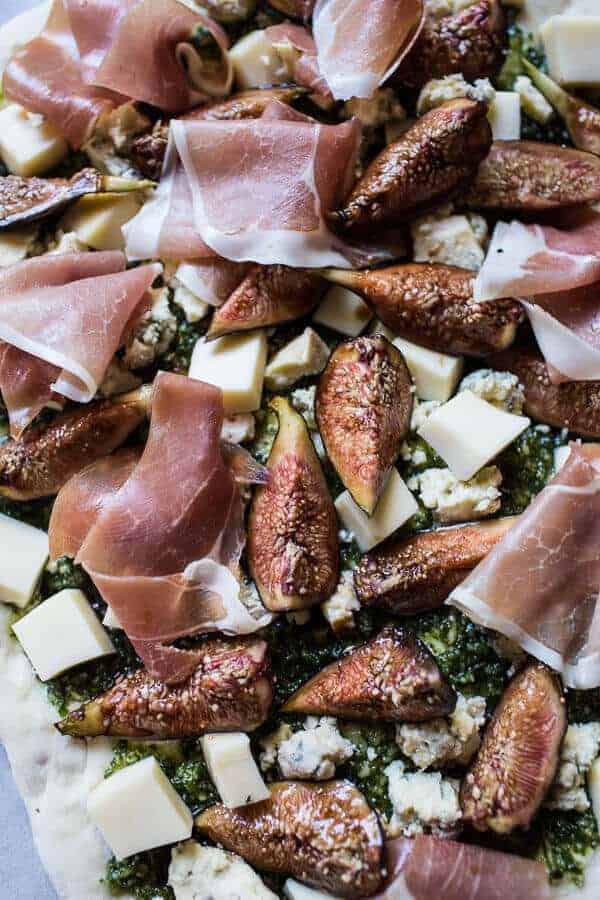 Dandelion Green Pesto, Fresh Fig and Gorgonzola Pizza with Prosciutto | halfbakedharvest.com @hbharvest