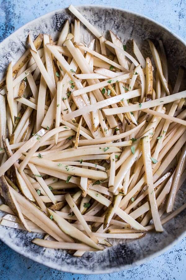 Skinny Greek Feta Fries with Roasted Garlic Saffron Aioli | halfbakedharvest.com @hbharvest