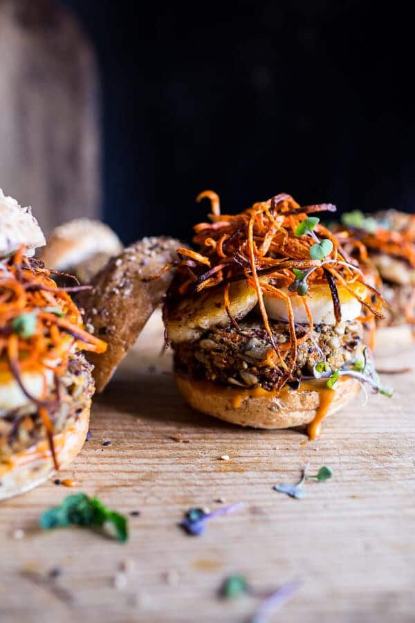 Sunflower Seed Veggie Burgers with Grilled Halloumi + Curried Tahini Sauce | halfbakedharvest.com @hbharvest