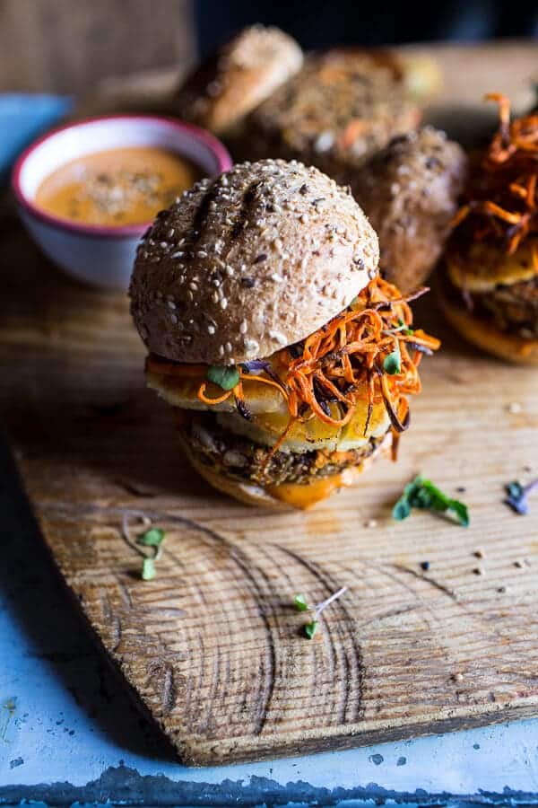 Sunflower Seed Veggie Burgers with Grilled Halloumi + Curried Tahini Sauce | halfbakedharvest.com @hbharvest