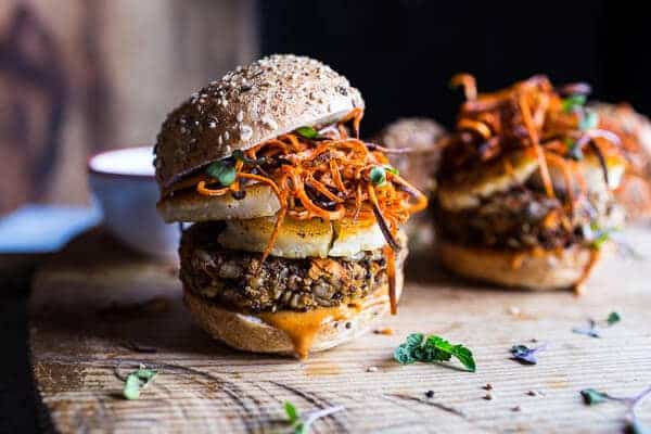 Sunflower Seed Veggie Burgers with Grilled Halloumi + Curried Tahini Sauce | halfbakedharvest.com @hbharvest