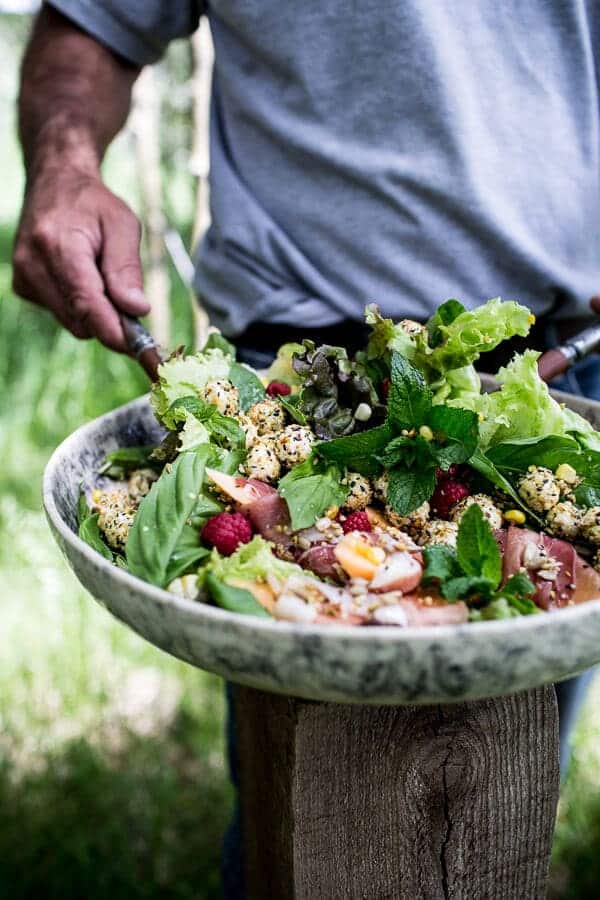 Fresh Basil Salad with Prosciutto Wrapped Mellon and Toasted Seed Rolled Goat Cheese | halfbakedharvest.com @hbharvest