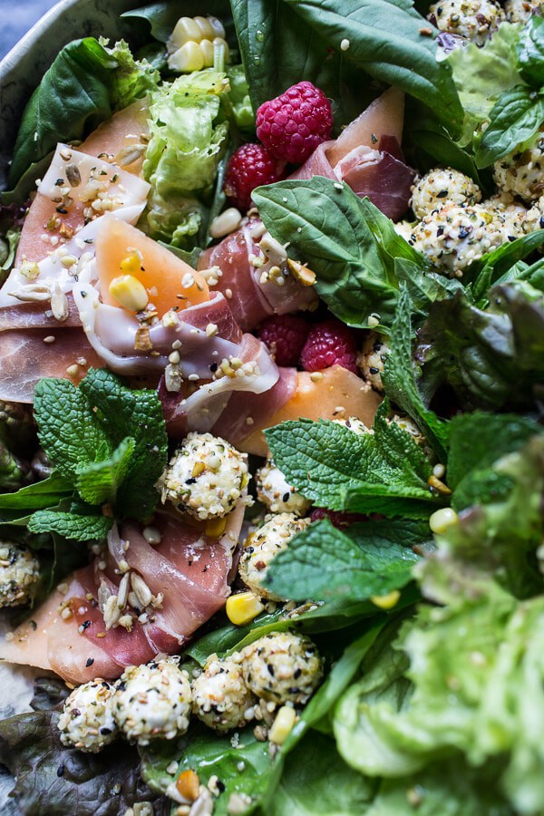 Fresh Basil Salad with Prosciutto Wrapped Mellon and Toasted Seed Rolled Goat Cheese | halfbakedharvest.com @hbharvest