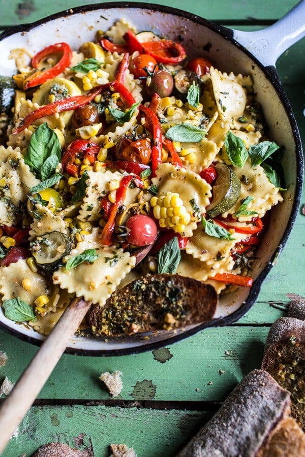 Garden Veggie and Ravioli Skillet with Pistachio Herb Butter | halfbakedharvest.com @hbharvest