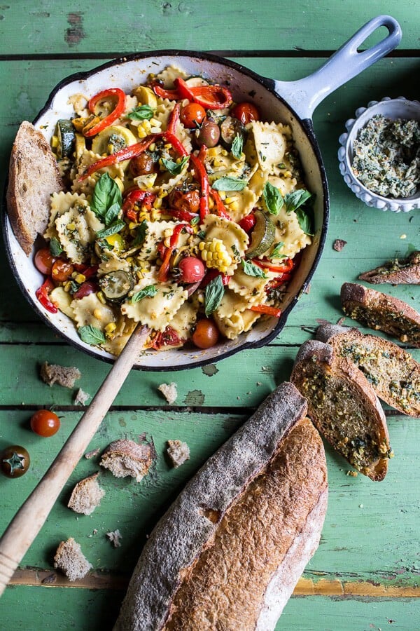Garden Veggie and Ravioli Skillet with Pistachio Herb Butter | halfbakedharvest.com @hbharvest