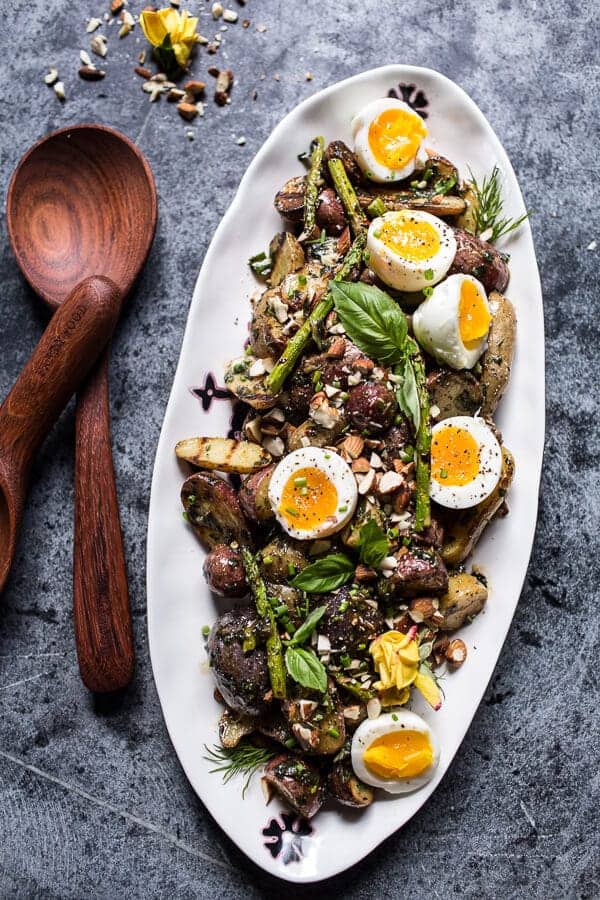 Grilled Potato Salad with Almond-Basil Chimichurri and 7-Minute Eggs | halfbakedharvest.com @hbharvest