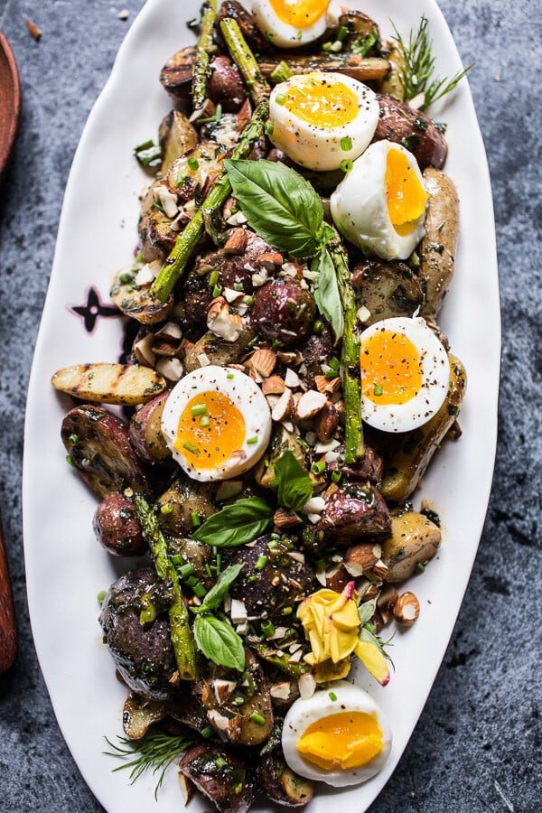 Grilled Potato Salad with Almond-Basil Chimichurri and 7-Minute Eggs | halfbakedharvest.com @hbharvest