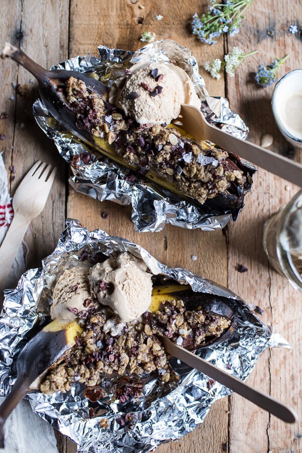 Oatmeal Chocolate Chunk Cookie Stuffed Campfire Bananas | halfbakedharvest.com @hbharvest