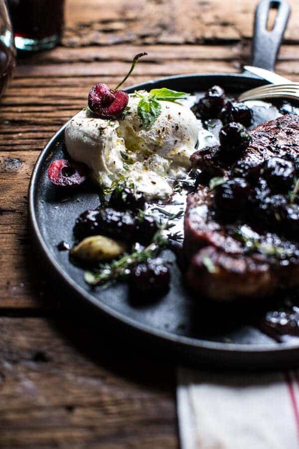 Smoked Ancho Chile Salted Steaks with Drunken Burst Sweet Cherries + Burrata | @hbharvest